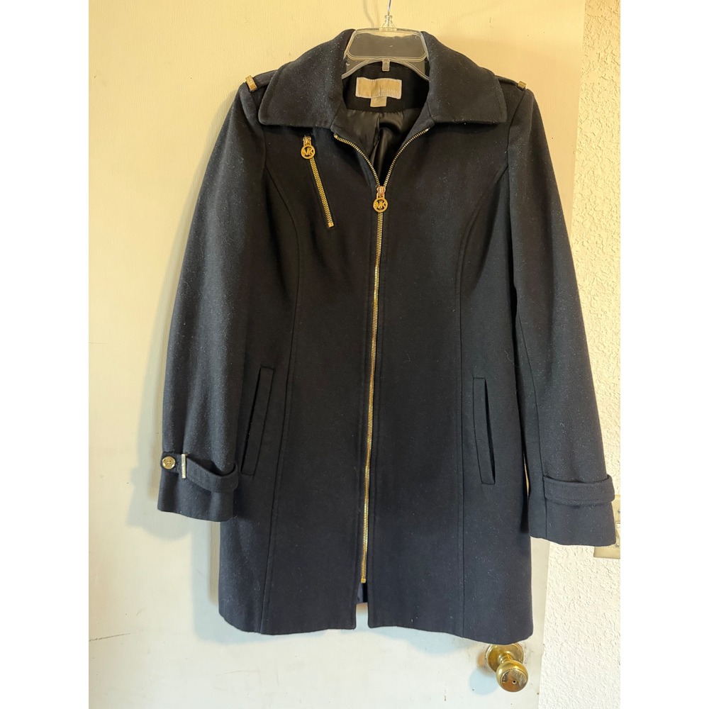 MICHAEL KORS Womans Wool Blend‎ Pea Coat Jacket Size 6 Gold Zip Black